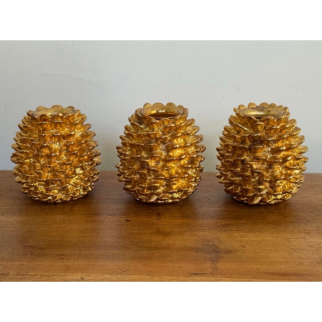 Gold Pinecone Candlestick Holders, Set of 3 For Sale - Image 4 of 4