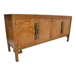 Mastercraft Burl Wood Brass Greek Key Detail Credenza Sideboard William Doezema