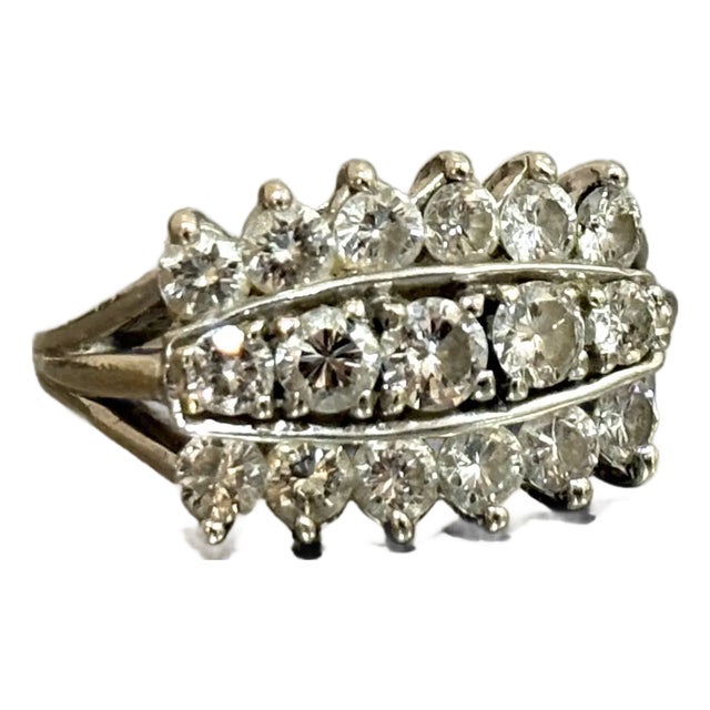 14k White Gold 3-Row Diamond Cluster Ring For Sale