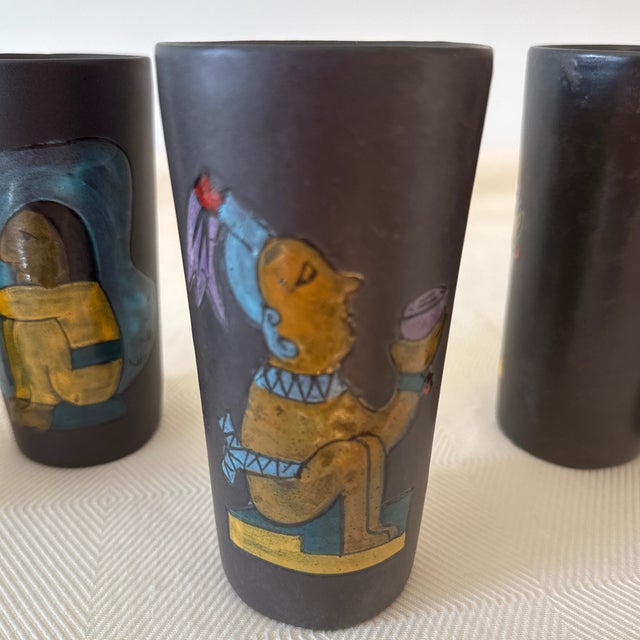 Mexican Vintage Mexican Folk Art Black Clay Pottery Cocktail Tumblers, a Set of 5 For Sale - Image 3 of 10