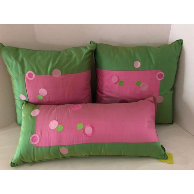 Contemporary Set of 3 Pink & Green Silk Polka Dot Pillows For Sale - Image 3 of 10