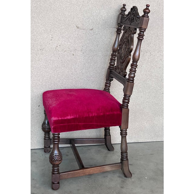 19th Century Set of Six French Carved Walnut Turned Wood Chairs with Velvet Seat For Sale - Image 10 of 18