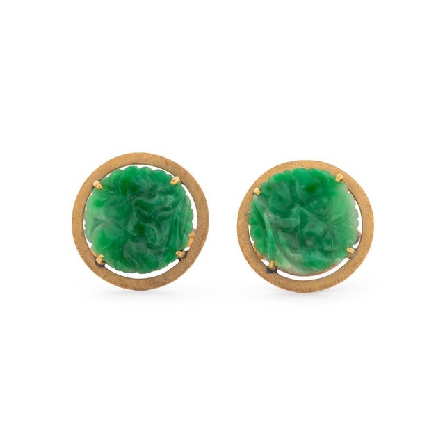 14k Yellow Gold Apple Green Jadeite Cufflinks For Sale - Image 4 of 6