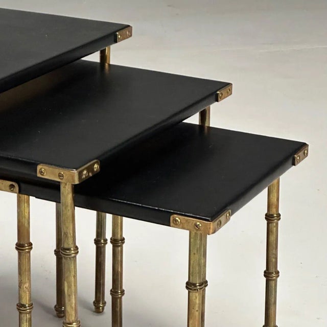 Animal Skin Jacques Adnet, French Mid-Century Modern, Nesting Tables, Leather, Brass, 1950s For Sale - Image 7 of 9