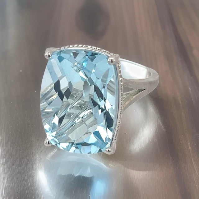 Natural Solitaire Blue Topaz Ring 6.5 14k W Gold 19.58 Cts Certified For Sale - Image 14 of 18