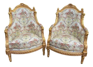 Late 20thC French Louis XVI Gold Beech Damask Bergères Pair