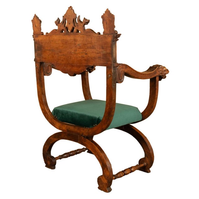 Antique Renaissance Revival Carved Walnut Green Man Savonarola Chair Circa 1890 For Sale - Image 4 of 17