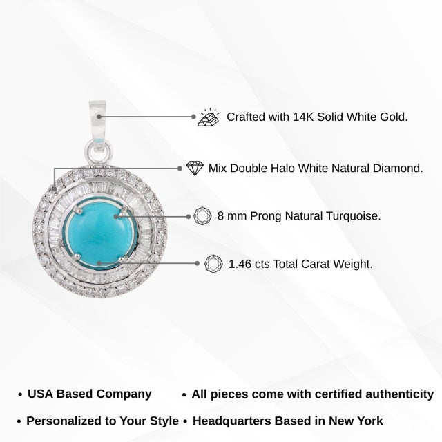 Certified 14k White Gold 1.46ct Round Turquoise & Baguette Diamond Halo Pendant For Sale - Image 13 of 16