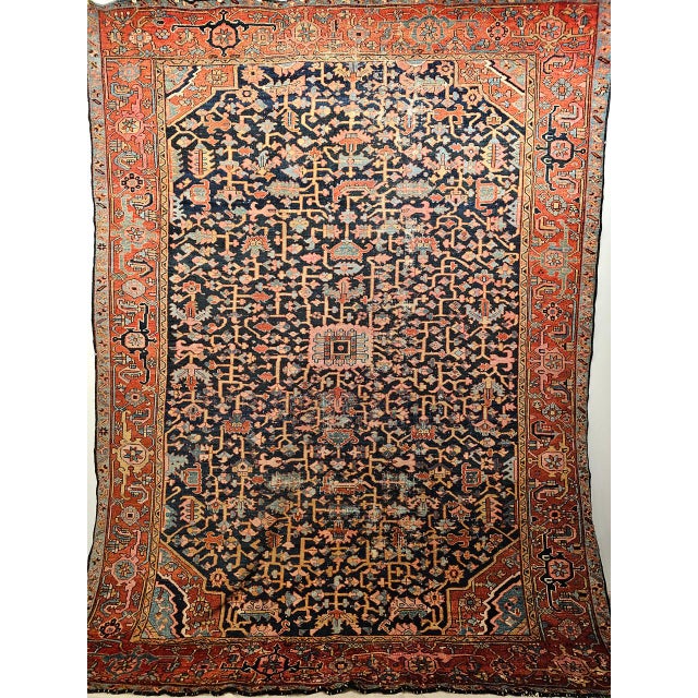 19th Century Persian Heriz Serapi Rug, Hand-Knotted Wool, Allover Geometric Pattern, Blue & Red, 8x11 For Sale - Image 12 of 18