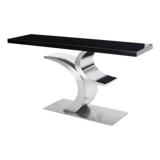 Modern Greg Sheres Style Stainless Steel and Black Lacquer Console Table For Sale