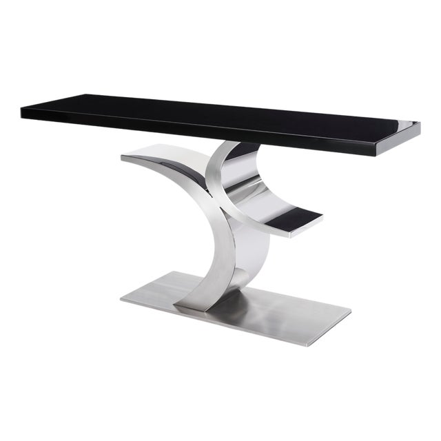 Modern Greg Sheres Style Stainless Steel and Black Lacquer Console Table For Sale