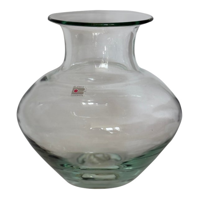 Retro, Gorgeous, Large Blenko Heavy Clear Art Glass Vase 9.25” With Original Label For Sale