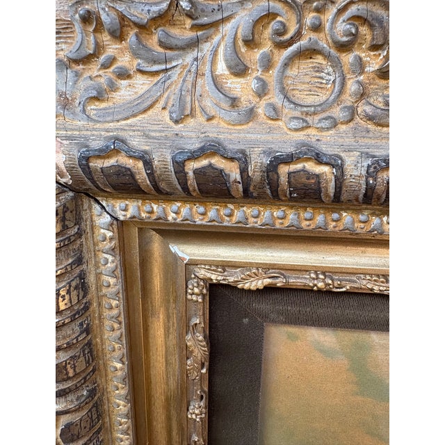 Decorative Antique European Landscape Print Housed in an Ornate Giltwood Frame With Age, Wear and Patina For Sale - Image 10 of 10