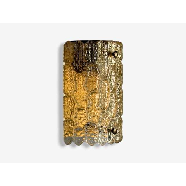 Orrefors, Swedish Modern, Brass, Glass, Wall Light, Sweden, 1960s Large colored textured glass wall light on a brass...