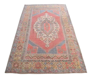 Distressed Area Rug Hand Knotted Colorful Low Pile Oushak Rug - 4'2'' X 7'1''