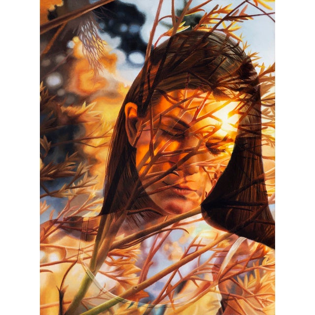 Coherence by Austin Howlett | Oil on panel Portrait of a woman with foliage overlay. For Sale