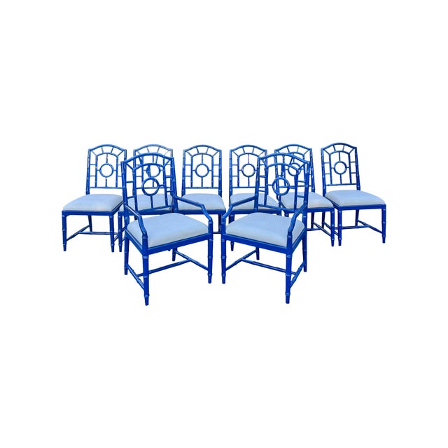 Faux Bamboo Chinoiserie Style Blue Dining Chairs in Blue Set of 8 For Sale - Image 12 of 14