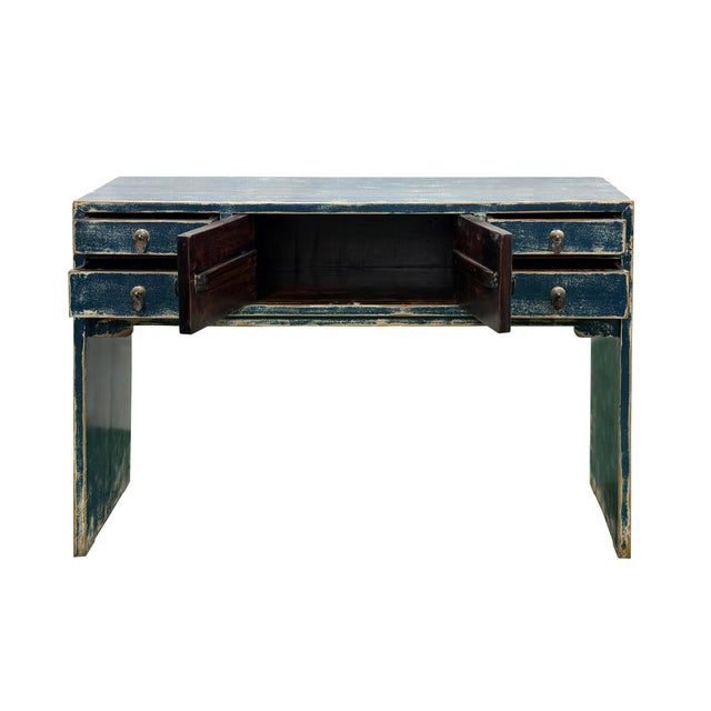 Rustic 53" Distressed Dark Ink-Blue Drawers Narrow Console Credenza Table For Sale - Image 3 of 14
