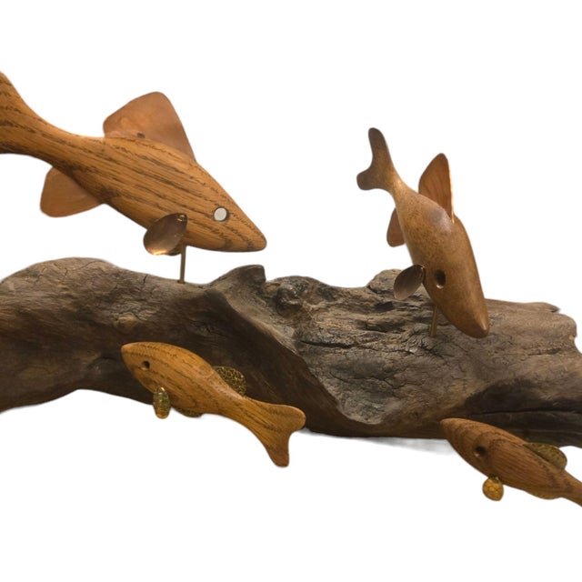 1980s Wooden Fish Sculpture on Driftwood Carving Large Rustic Fishing ...