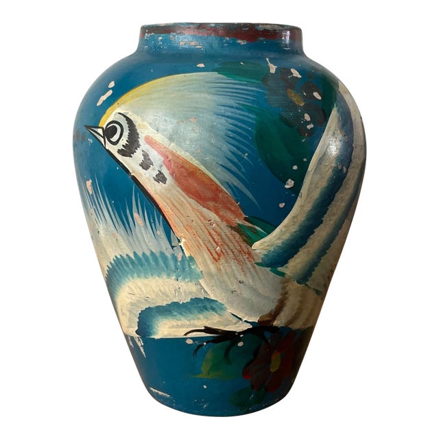 1930s Mexican Hand-Painted Tonala Bird of Paradise Vase For Sale
