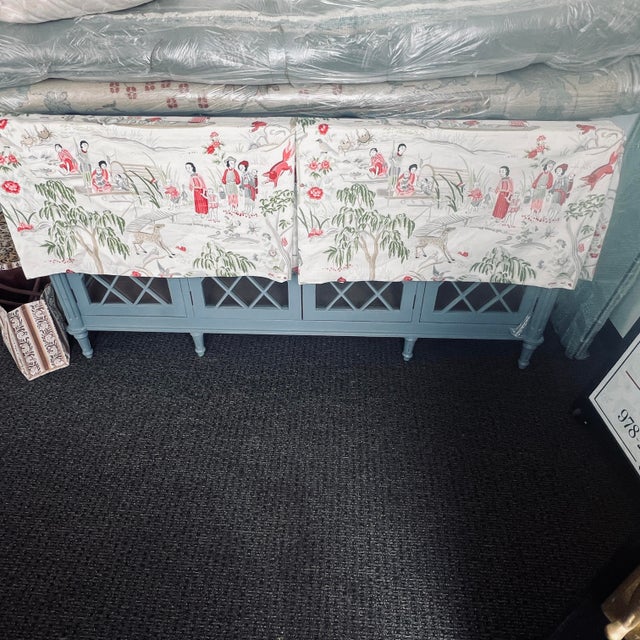 Beautiful custom FSchumacher “ Yangtze River”tailored valance on board.In pinks and greens on white linen