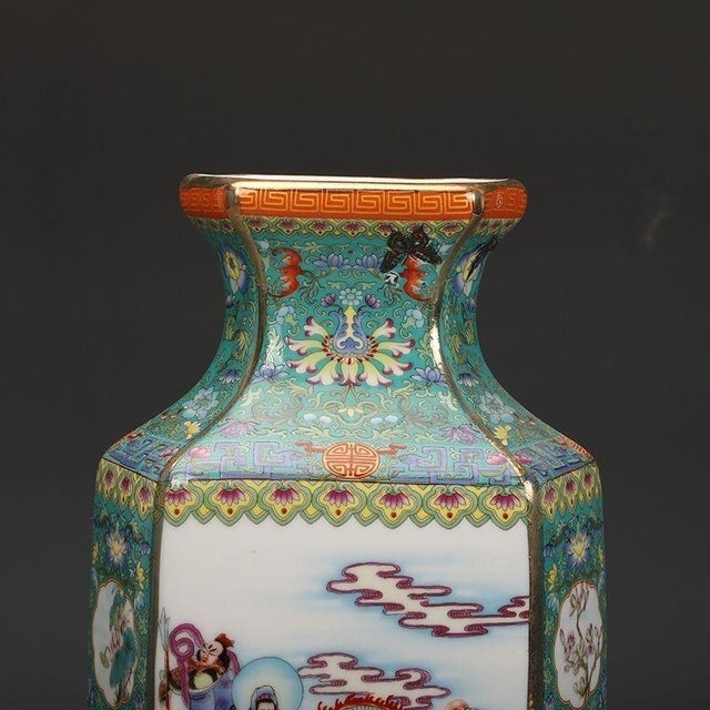 Rose Mid 20th Century Famille Rose Hexagonal Porcelain Vase, Chinese Enameled Figural Scene Vase For Sale - Image 8 of 9