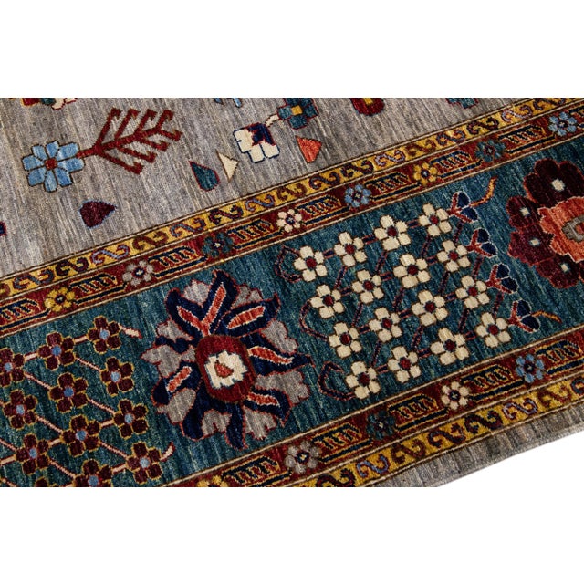 Textile Gray Modern Serapi Style Handmade Floral Designed Wool Rug For Sale - Image 7 of 10