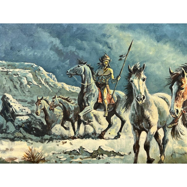 Cerulean Native American Indian Warriors on Horseback with Dramatic Moonlit Landscape 1997 For Sale - Image 8 of 9