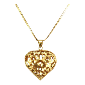 Mid 20th Century Filigree Puff Heart 14k Yellow Gold Pendant & Long Chain Necklace