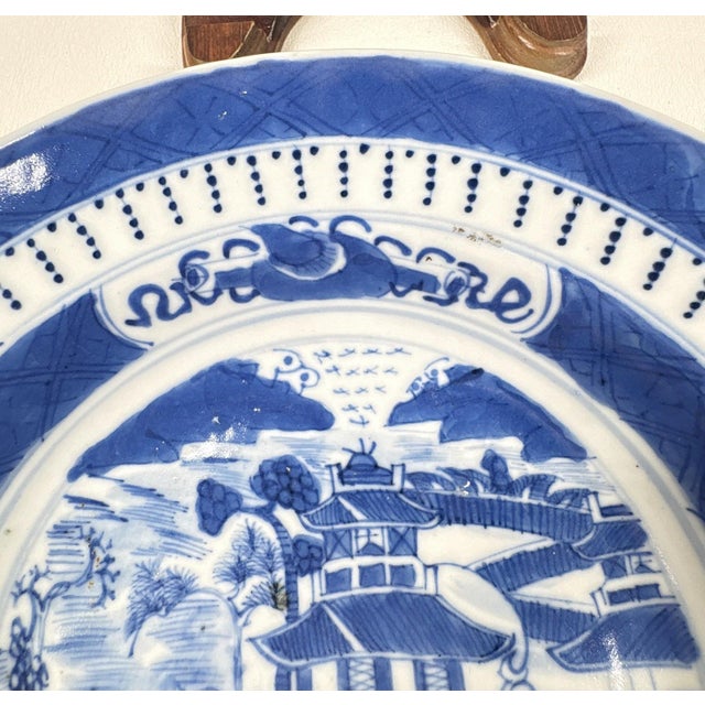 Mid 19th Century Authentic Qing Dynasty Chinese Canton Blue & White Nankink 8.5" Scenic Bowl With Wood Stand For Sale - Image 4 of 7