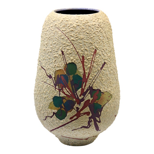 1993 Large Textured Studio Art Pottery Vase With Vibrant Abstract Botanical Glaze For Sale