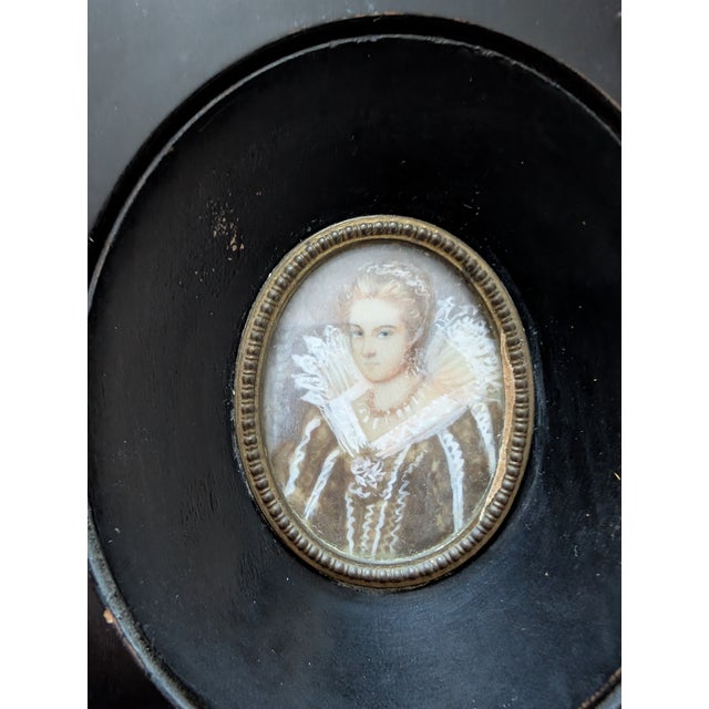 Wood Portrait Miniatures of Noble Ladies in Ebonized Frames - Set of 2 For Sale - Image 7 of 12