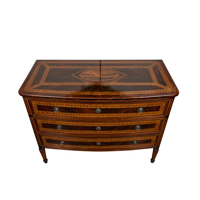A magnificent walnut and pecan, inlaid commode with an allegory center from the Piedmont District, Italy. Beautiful silver...