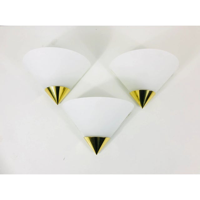 1980s Mid-Century Modern Brass and Opaline Glass Wall Lamps by Glashütte Limburg, Germany - Set of 3 For Sale - Image 11 of 11