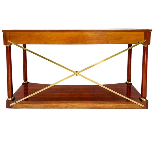 1990 Ethan Allen Medallion Collection Cherry Console Table With Brass X-Stretcher For Sale - Image 16 of 16