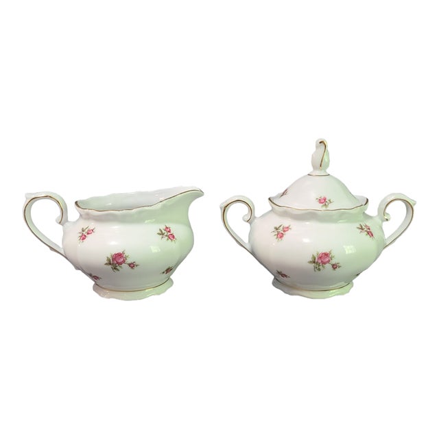 Vintage Bavaria Western Germany Fine Porcelain Painted Romantic Roses Creamer & Sugar Set For Sale
