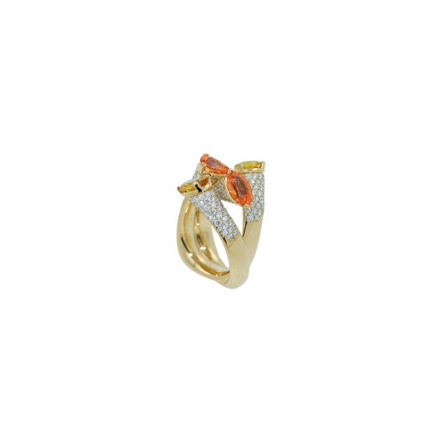 Metal Diamond Orange Yellow Sapphire Cocktail Luxury Unique 18 Karat Yellow Gold Ring, Size 6.5 For Sale - Image 7 of 18