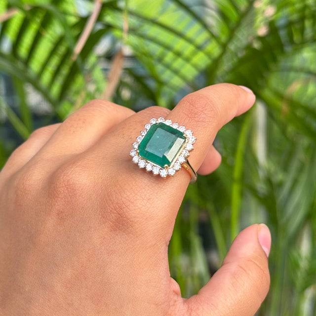 Certified 7.45Ct Zambian Emerald & 1.01Ct Diamond Halo Ring in 14k Yellow Gold Size 6 For Sale - Image 10 of 17