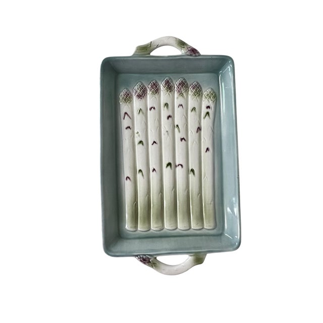 Vintage asparagus serving platter. White asparagus with green and purple accents surrounded by a blue border. Marked...