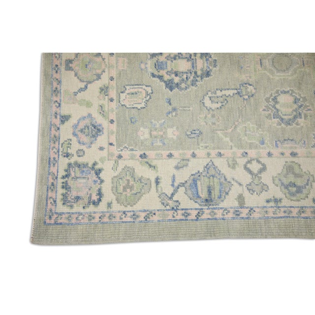 Textile Turkish Oushak Rug Green & Blue Handwoven Wool Rug 4' X 5'5" For Sale - Image 7 of 8