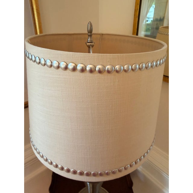 2020s Stiffel Brushed Nickel / Pewter-Tone Modern Classic Table Lamp With Custom Nailhead Linen Shade For Sale - Image 5 of 6