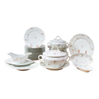 Antique French Porcelain Dinnerware with Flowers from Limoges, 1920s-1930s, Set of 39 For Sale