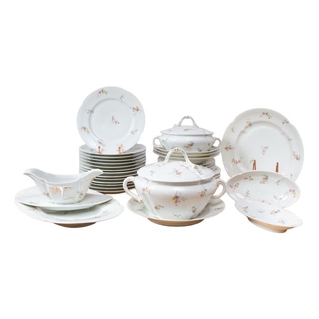 Antique French Porcelain Dinnerware with Flowers from Limoges, 1920s-1930s, Set of 39 For Sale