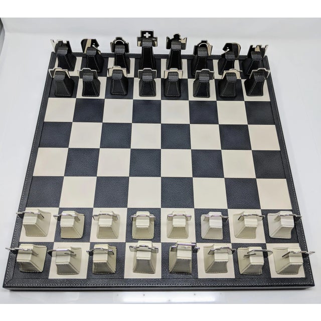 Metal Regency Italian Renzo Romagnoli Leather and Chrome Black and Cream Chess Set For Sale - Image 7 of 12