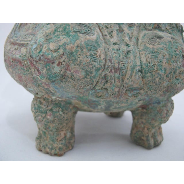 Chinese Bronze Ware Ritual Wine You Vessel Taotie Footed Pot With Handle & Lid For Sale - Image 15 of 16