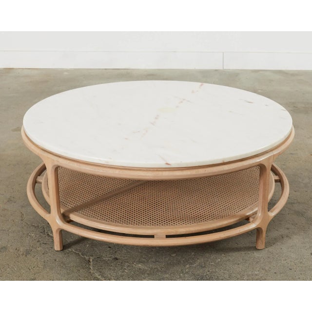 Midcentury McGuire Style Round Marble Top Caned Cocktail Table For Sale - Image 11 of 12