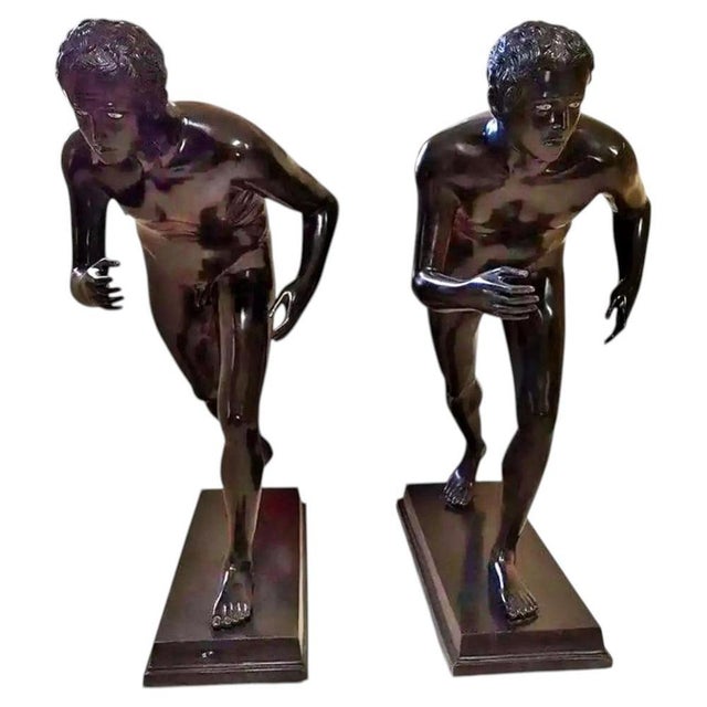 Pair of Runners from Herculaneum - Bronze Statue, Height: 118 cm, 20th Century Carrara Marble Eyes Material: Bronze...