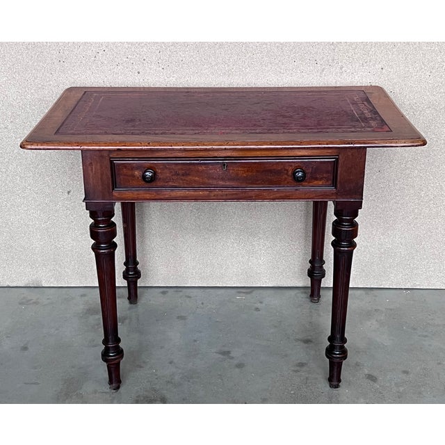Spanish Spanish Country Pine Side Table With Two Sides Drawer and Leather Top For Sale - Image 3 of 12