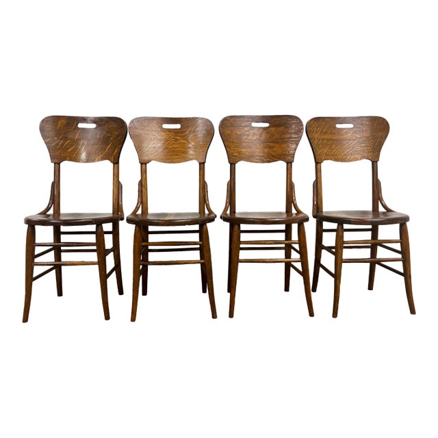 Antique Art Deco Style Tiger Oak Bentwood Bistro Dining Side Chairs - Set of 4 For Sale