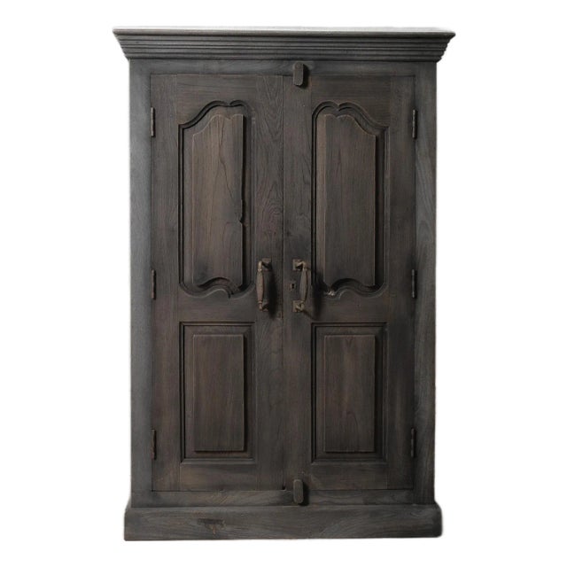 Vintage Gray Wooden Double-Door Cabinet For Sale